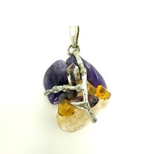 Amethyst Citrine Quartz Crystal Pendant Silver Tone Brutalist‎ Boho Artisan